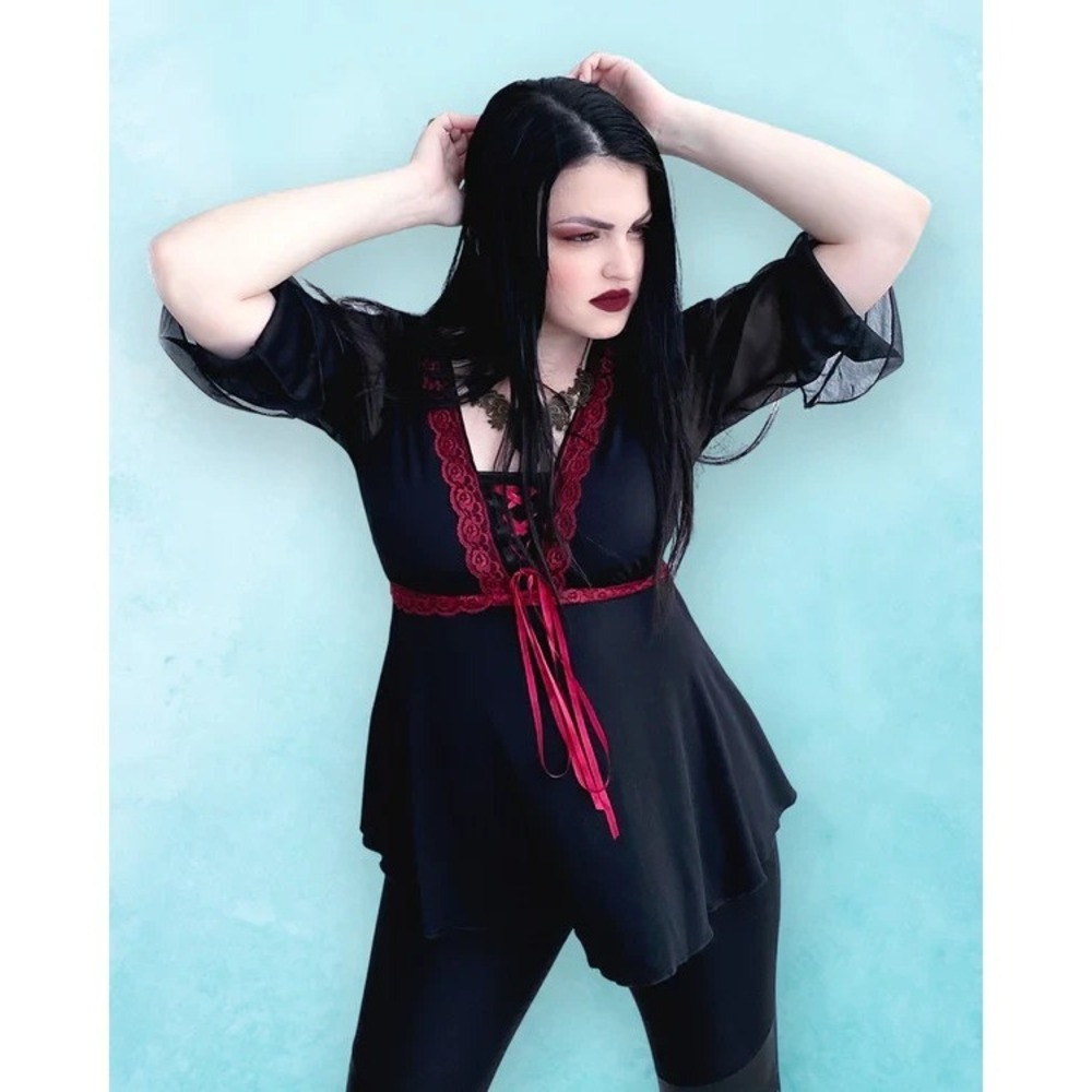 Dare To Wear Dress Womens Large Black Lace Bell Sleeve Tie Front Short Gothic